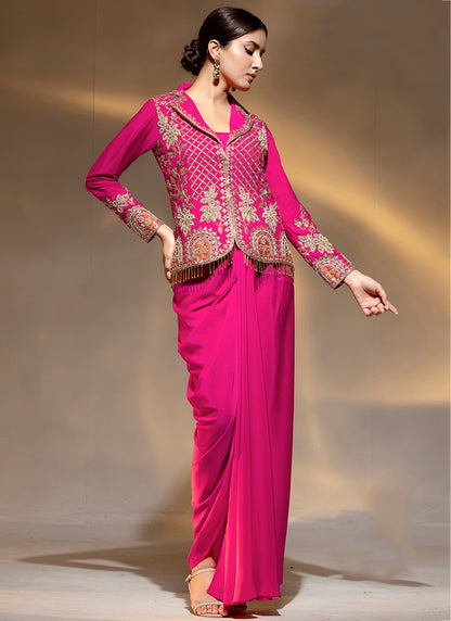 Premium Crepe Rani Pink Party Wear Zari Work Readymade Indowestern Suit 388474