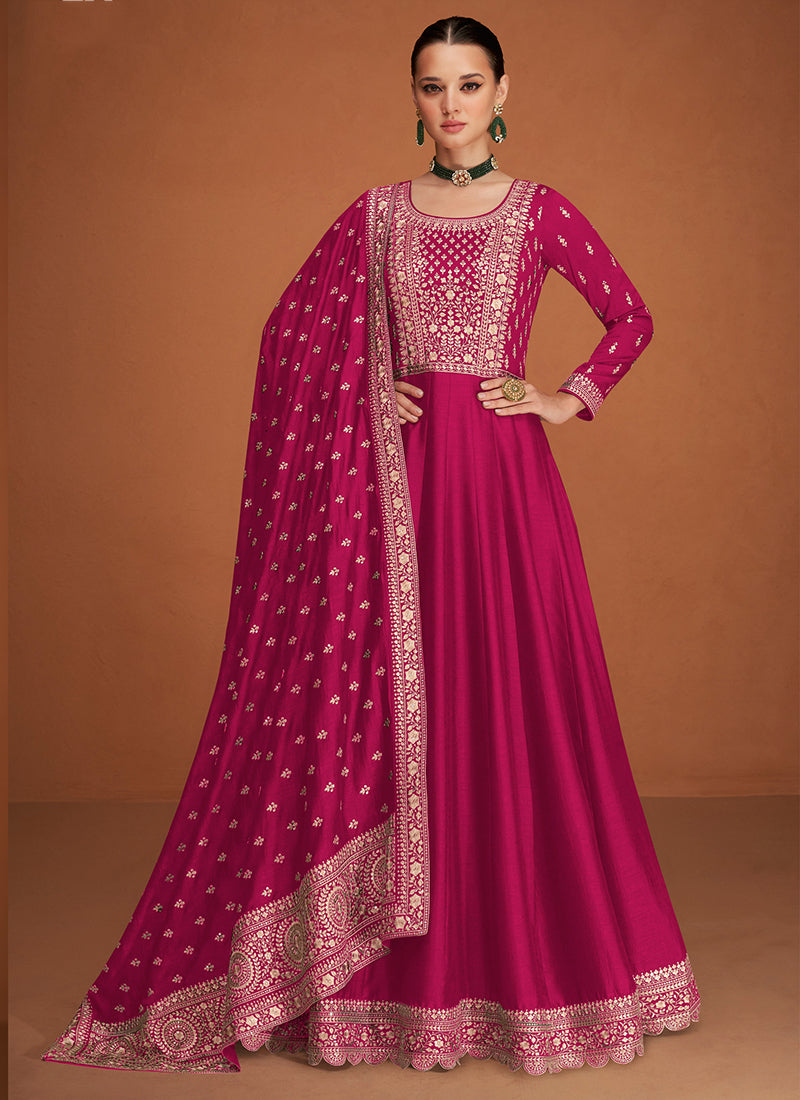 Premium Silk Rani Pink Party Wear Sequin Embroidery Work Anarkali Gown 386164