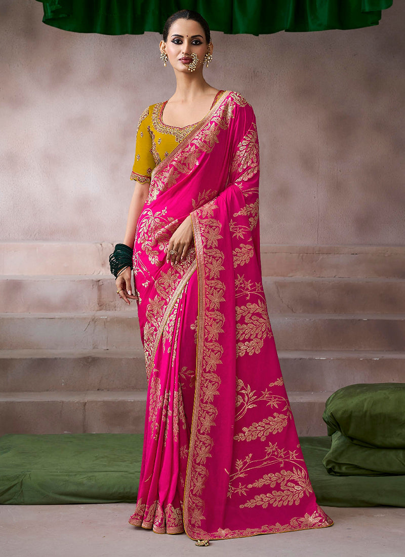 Pure Crepe Rani Pink Wedding Wear Heavy Work Wedding Saree 387281