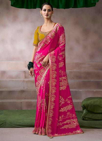 Pure Crepe Rani Pink Wedding Wear Heavy Work Wedding Saree 387281