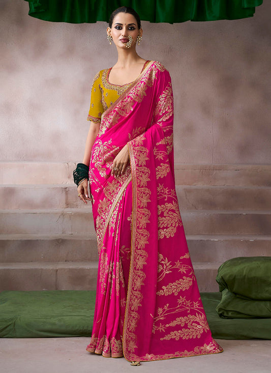 Pure Crepe Rani Pink Wedding Wear Heavy Work Wedding Saree 387281