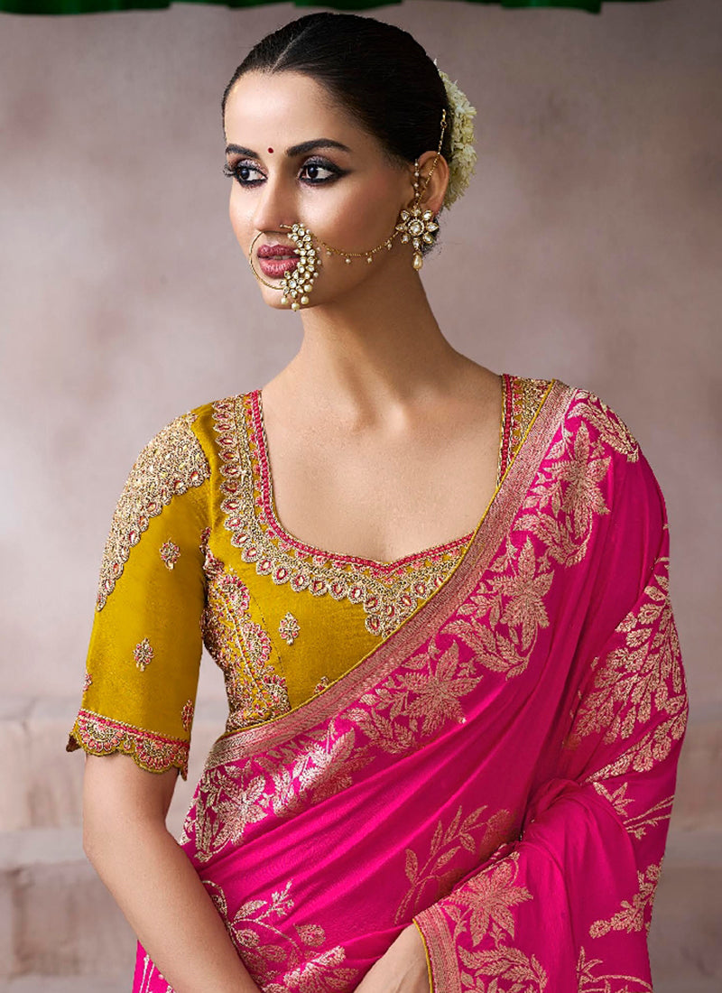 Pure Crepe Rani Pink Wedding Wear Heavy Work Wedding Saree 387281