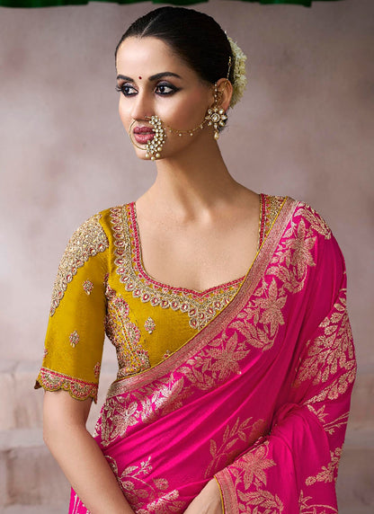 Pure Crepe Rani Pink Wedding Wear Heavy Work Wedding Saree 387281