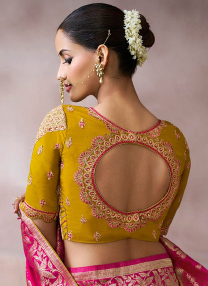 Pure Crepe Rani Pink Wedding Wear Heavy Work Wedding Saree 387281