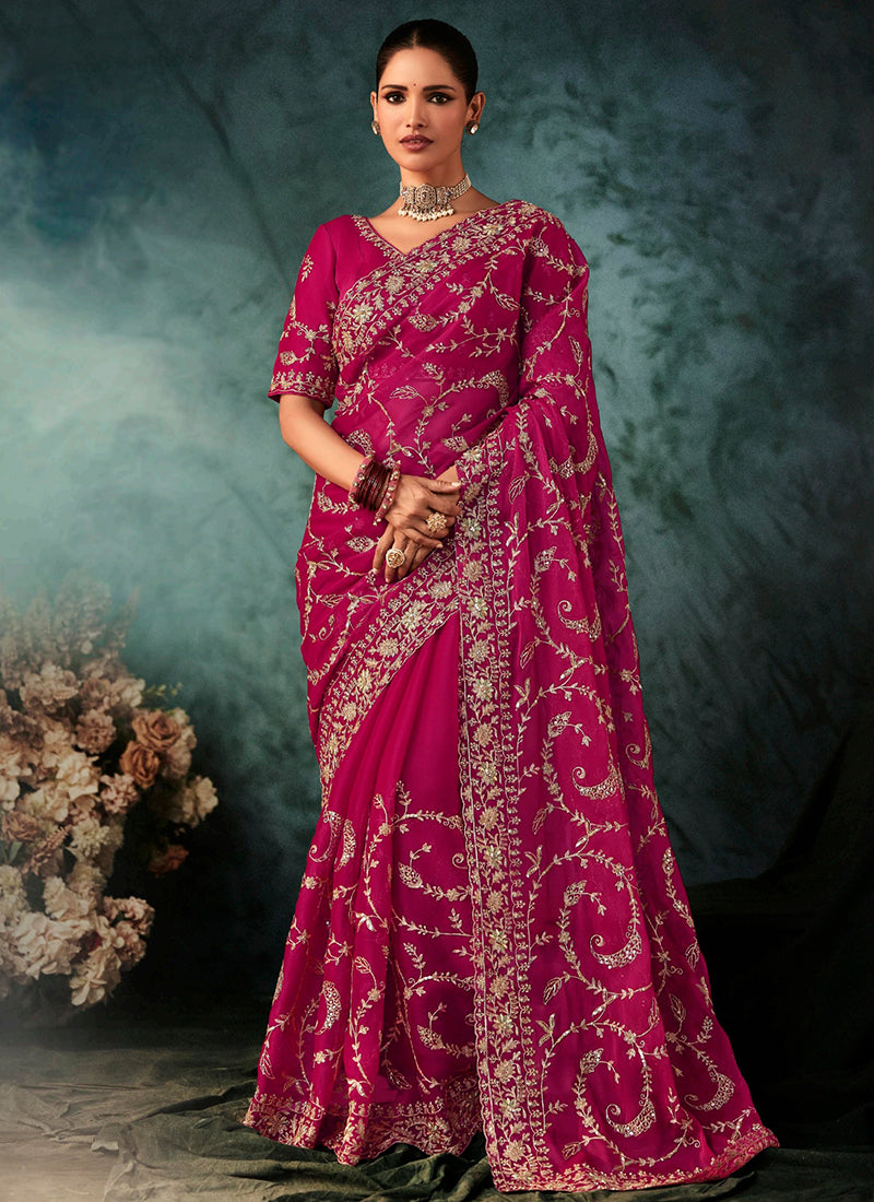 Pure Fancy Rani Pink Bridal Wear Heavy Work Bridal Saree 387349