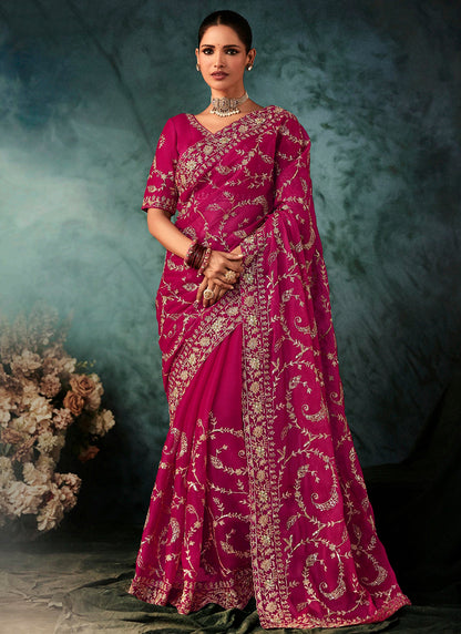 Pure Fancy Rani Pink Bridal Wear Heavy Work Bridal Saree 387349