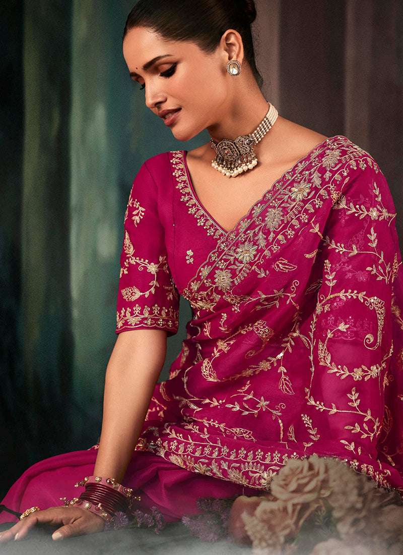 Pure Fancy Rani Pink Bridal Wear Heavy Work Bridal Saree 387349