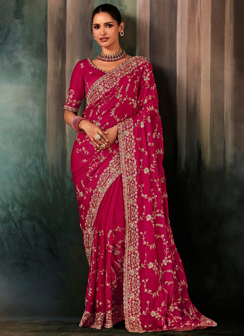 Pure Fancy Rani Pink Bridal Wear Heavy Work Bridal Saree 387352