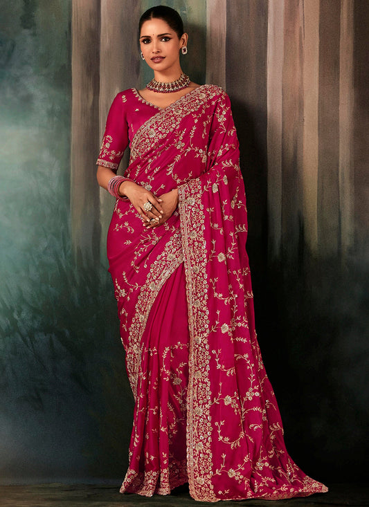 Pure Fancy Rani Pink Bridal Wear Heavy Work Bridal Saree 387352