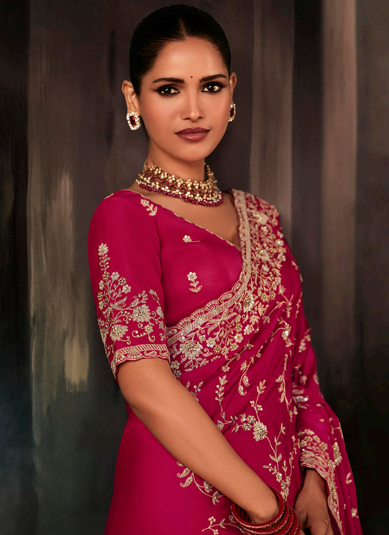 Pure Fancy Rani Pink Bridal Wear Heavy Work Bridal Saree 387352