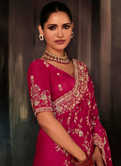 Pure Fancy Rani Pink Bridal Wear Heavy Work Bridal Saree 387352