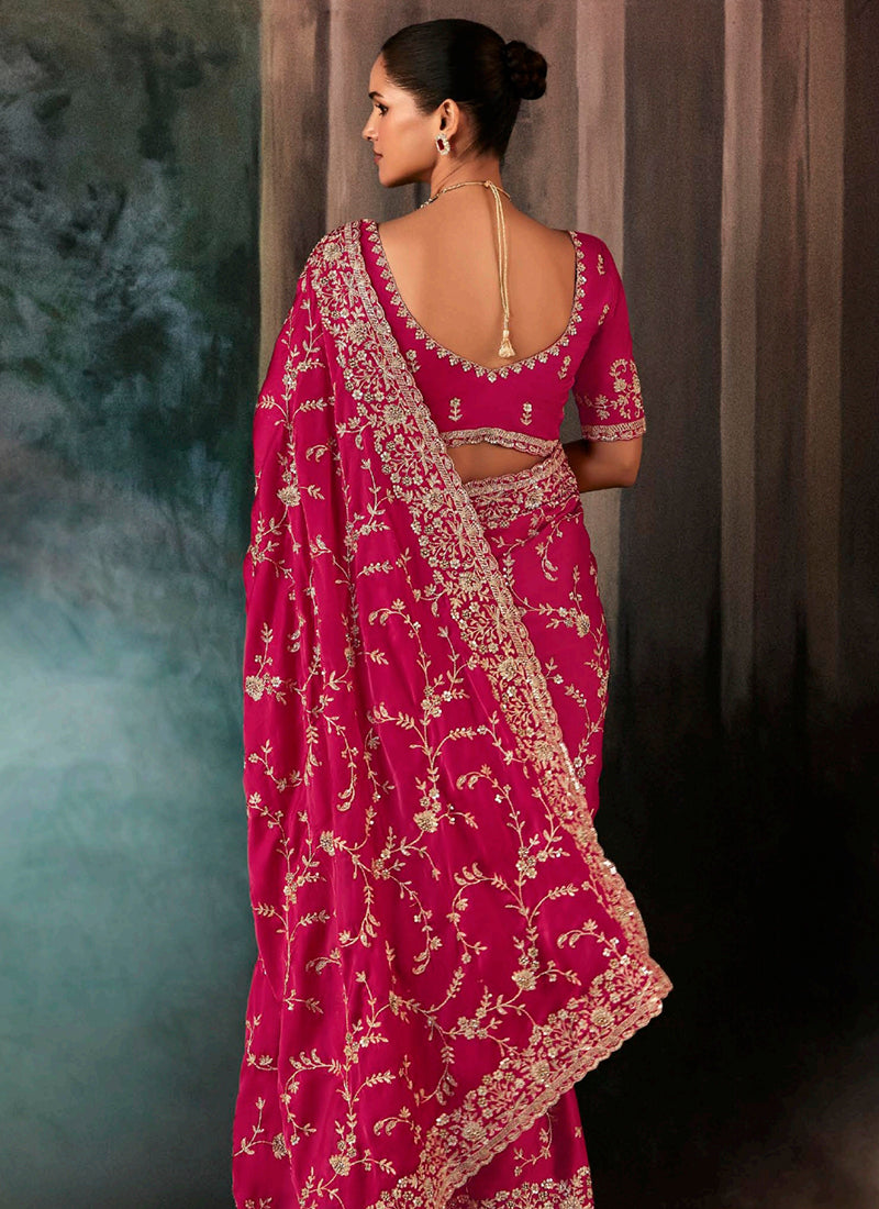 Pure Fancy Rani Pink Bridal Wear Heavy Work Bridal Saree 387352