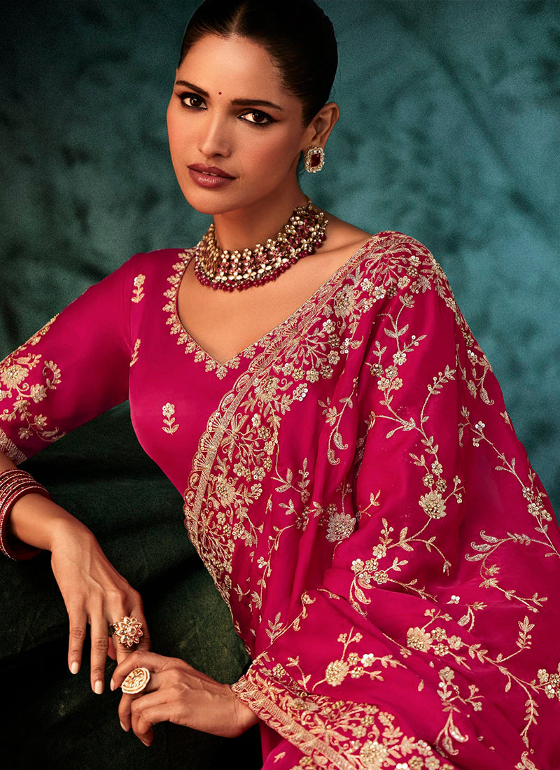 Pure Fancy Rani Pink Bridal Wear Heavy Work Bridal Saree 387352