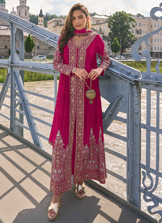 Real Chinon Rani Pink Party Wear Embroidery Work Readymade Indowestern Suit 388485