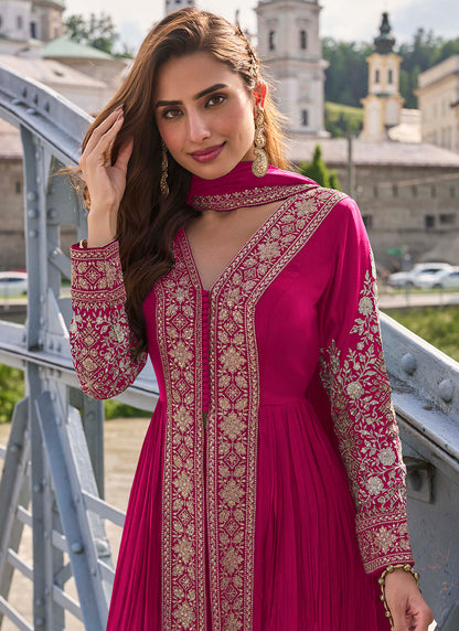 Real Chinon Rani Pink Party Wear Embroidery Work Readymade Indowestern Suit 388485