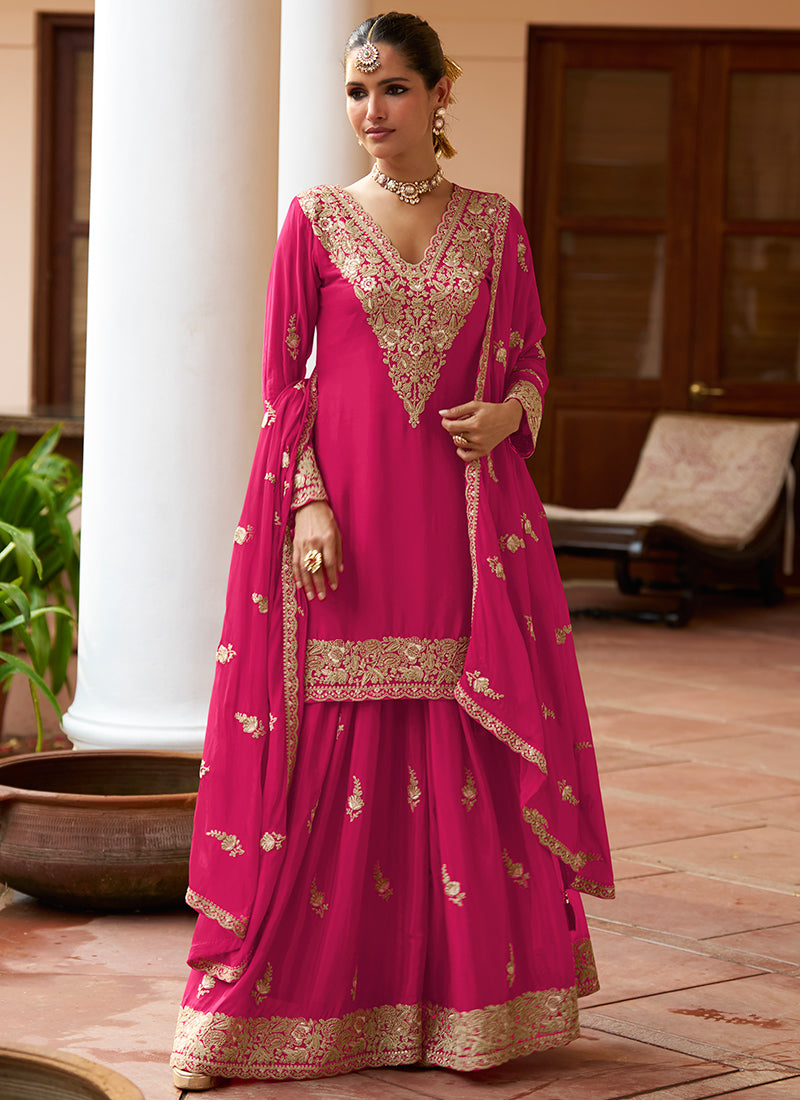 Real Chinon Rani Pink Party Wear Embroidery Work Readymade Plazzo Suit 386677