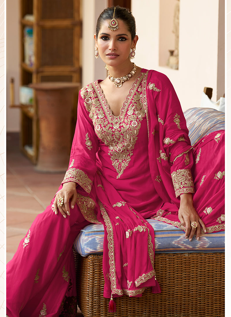 Real Chinon Rani Pink Party Wear Embroidery Work Readymade Plazzo Suit 386677