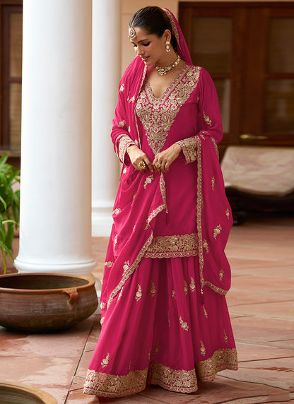 Real Chinon Rani Pink Party Wear Embroidery Work Readymade Plazzo Suit 386677