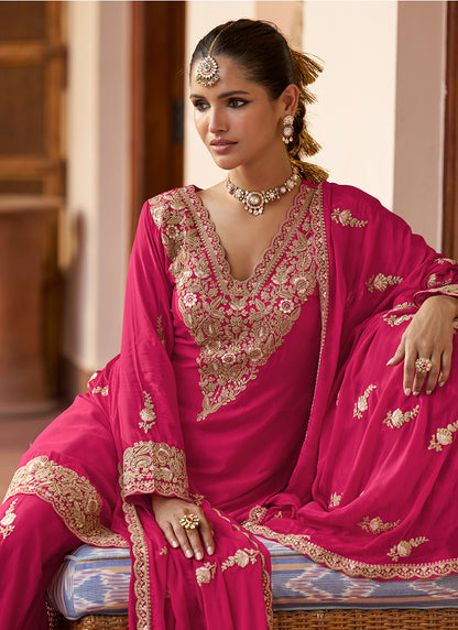 Real Chinon Rani Pink Party Wear Embroidery Work Readymade Plazzo Suit 386677