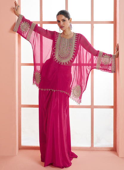 Real Chinon Silk Rani Pink Party Wear Embroidery Work Readymade Plazzo Suit 386662