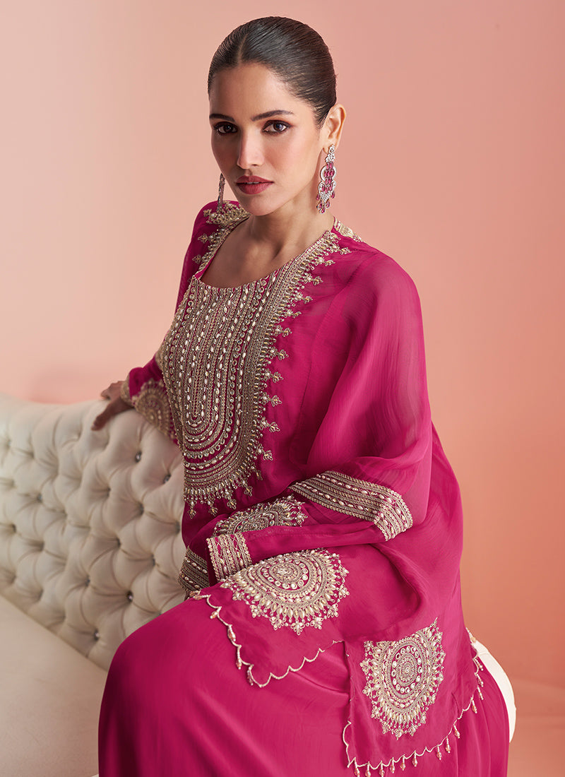 Real Chinon Silk Rani Pink Party Wear Embroidery Work Readymade Plazzo Suit 386662