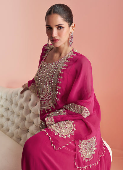 Real Chinon Silk Rani Pink Party Wear Embroidery Work Readymade Plazzo Suit 386662