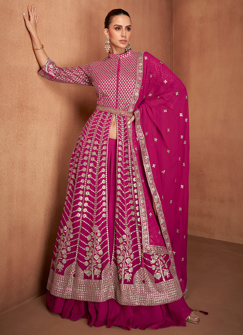 Real Georgette Rani Pink Wedding Wear Embroidery Work Readymade Indowestern Suit 388068