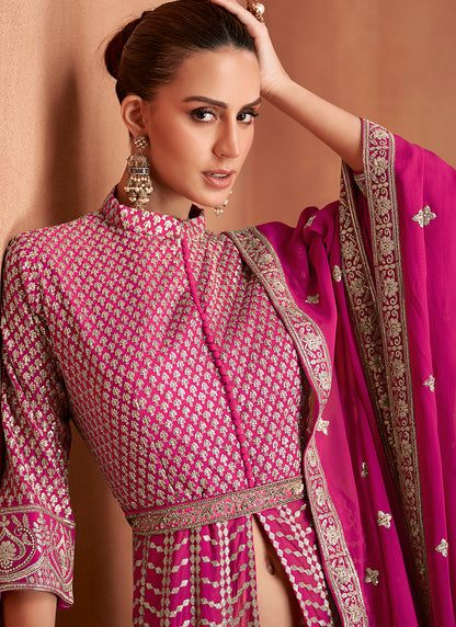 Real Georgette Rani Pink Wedding Wear Embroidery Work Readymade Indowestern Suit 388068