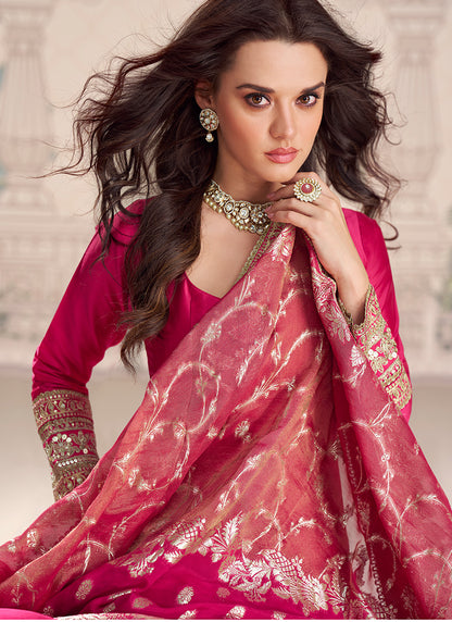 Real Silk Rani Pink Party Wear Embroidery Work Readymade Anarkali Gown 388078