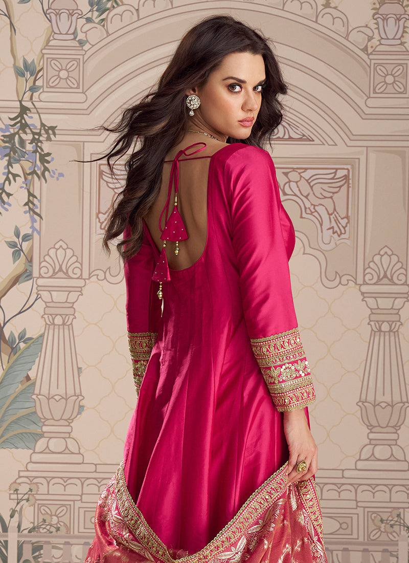 Real Silk Rani Pink Party Wear Embroidery Work Readymade Anarkali Gown 388078