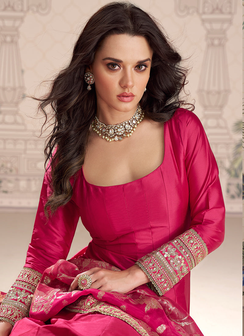 Real Silk Rani Pink Party Wear Embroidery Work Readymade Anarkali Gown 388078