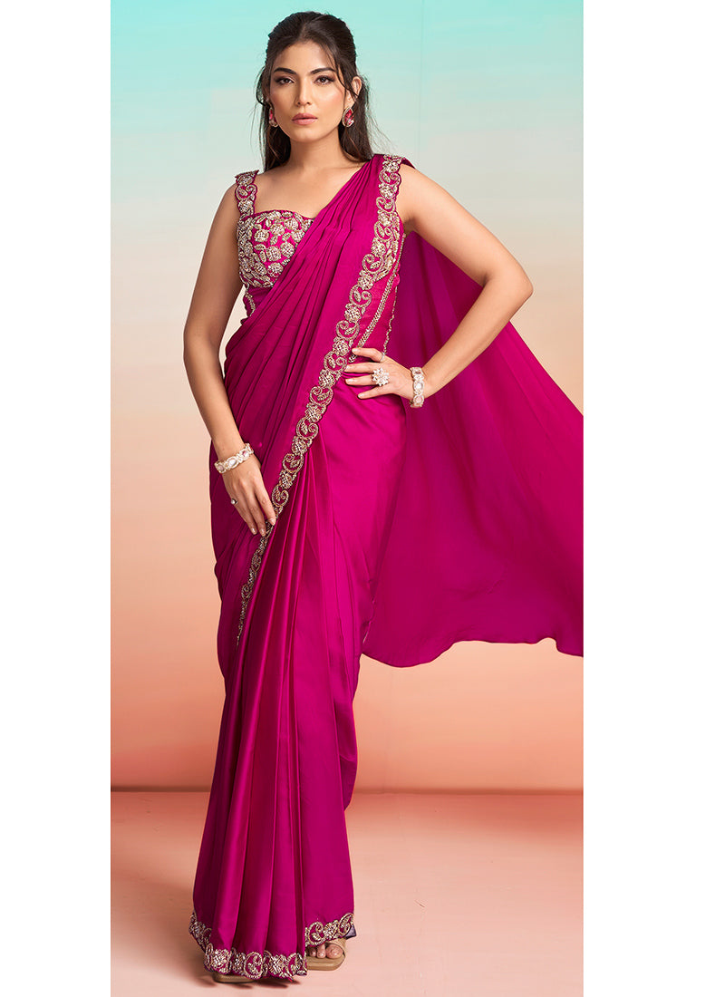 Rani Pink Satin Silk Embroidery Work Festival Wear Readymade Saree SW975928