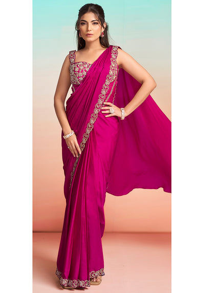 Rani Pink Satin Silk Embroidery Work Festival Wear Readymade Saree SW975928