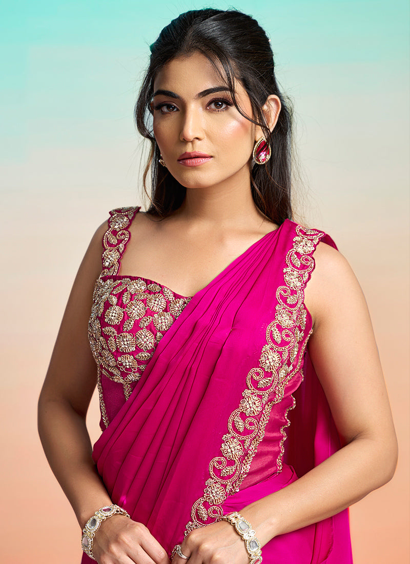 Rani Pink Satin Silk Embroidery Work Festival Wear Readymade Saree SW975928