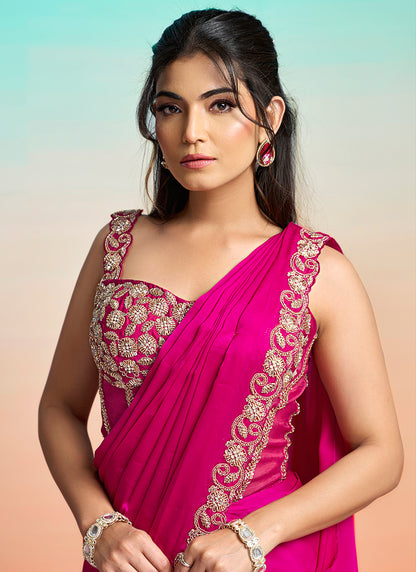 Rani Pink Satin Silk Embroidery Work Festival Wear Readymade Saree SW975928