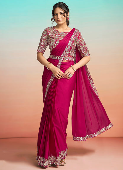 Rani Pink Satin Silk Embroidery Work Festival Wear Readymade Saree SW214378