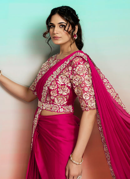 Rani Pink Satin Silk Embroidery Work Festival Wear Readymade Saree SW214378