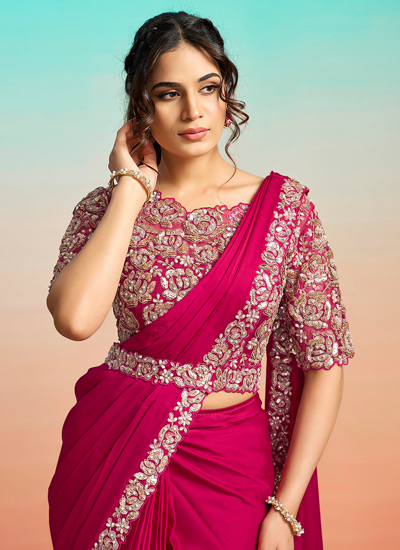Rani Pink Satin Silk Embroidery Work Festival Wear Readymade Saree SW214378