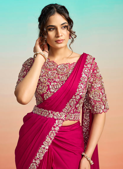 Rani Pink Satin Silk Embroidery Work Festival Wear Readymade Saree SW214378