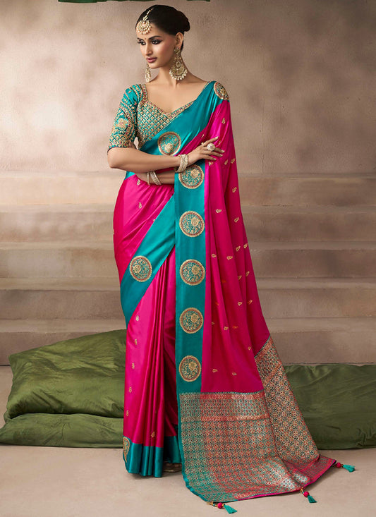Satin Silk Rani Pink Saree with Zari Work for Wedding Wear 383509