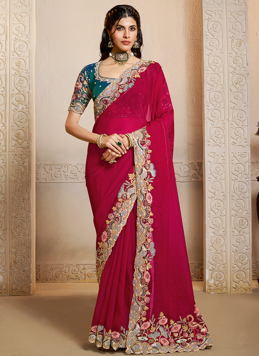 Satin Silk Rani Pink Wedding Wear Embroidery Work Saree 386115