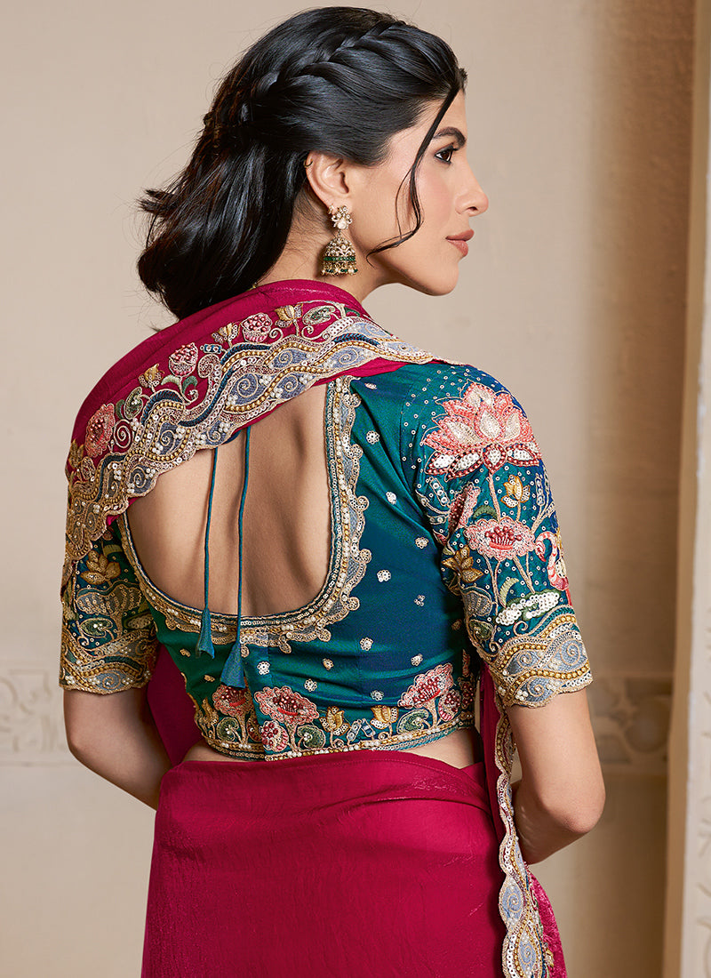 Satin Silk Rani Pink Wedding Wear Embroidery Work Saree 386115