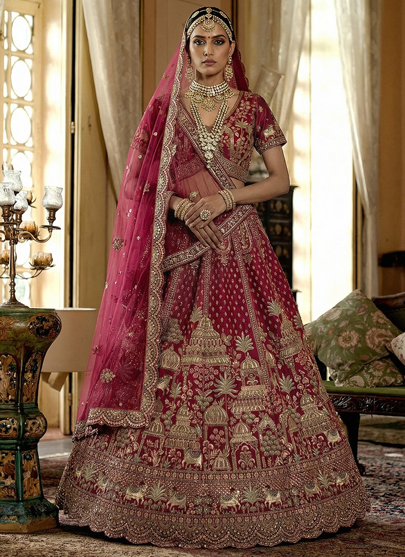 Silk Rani Pink Bridal Wear Heavy Work Bridal Lehenga Choli 388360