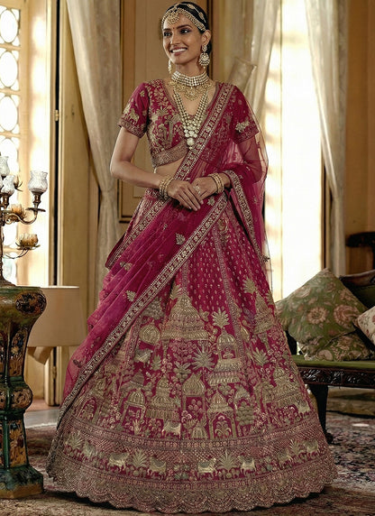 Silk Rani Pink Bridal Wear Heavy Work Bridal Lehenga Choli 388360