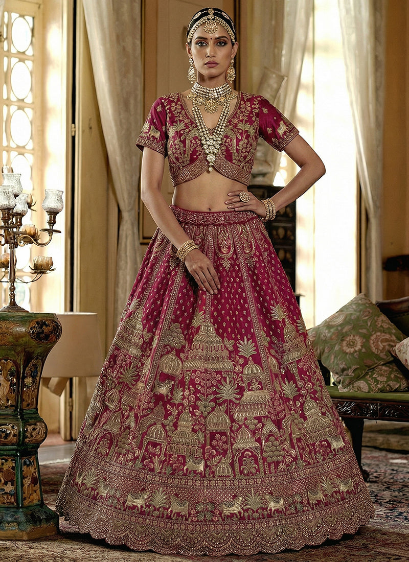 Silk Rani Pink Bridal Wear Heavy Work Bridal Lehenga Choli 388360
