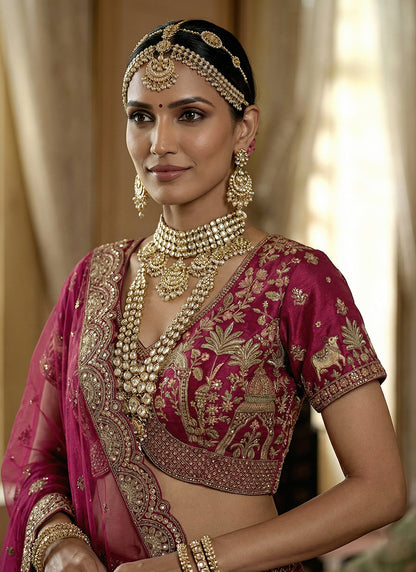 Silk Rani Pink Bridal Wear Heavy Work Bridal Lehenga Choli 388360