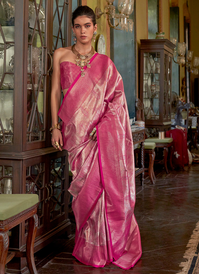 Silk Rani Pink Saree with Weaving Work for Wedding Wear 382506