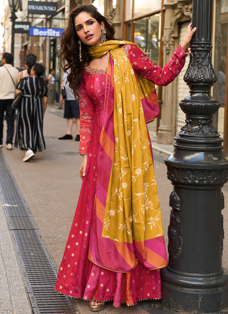 Viscose Jacquard Silk Rani Pink Festival Wear Embroidery Work Readymade Anarkali Suit 388489