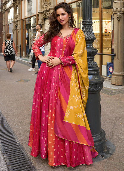 Viscose Jacquard Silk Rani Pink Festival Wear Embroidery Work Readymade Anarkali Suit 388489