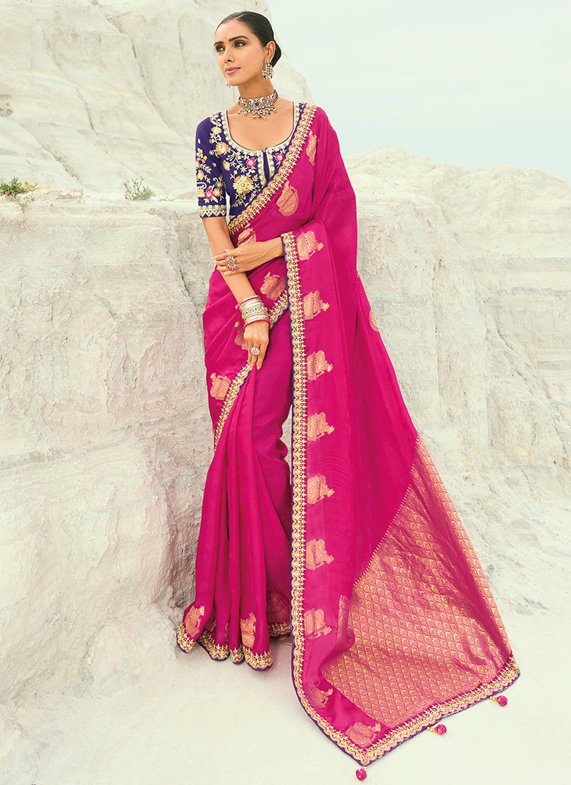 Viscose Satin Rani Pink Wedding Wear Heavy Work Wedding Saree 386450